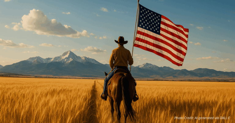 Horseback rider with American flag crossing golden fields toward mountains