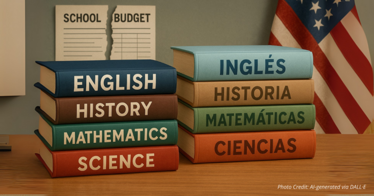 Textbooks and torn budget symbolizing dual-language priorities