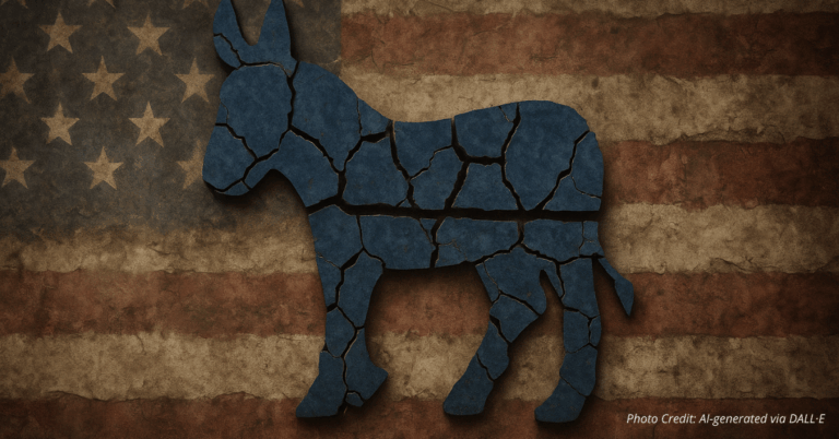 Broken Democrat symbol over faded flag