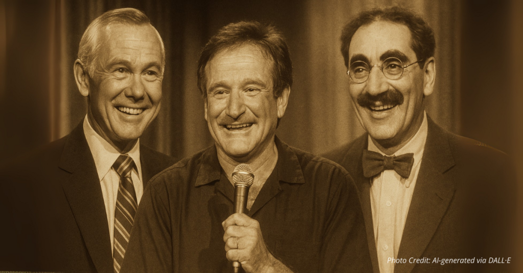 Vintage collage of Carson, Williams, and Marx smiling on stage