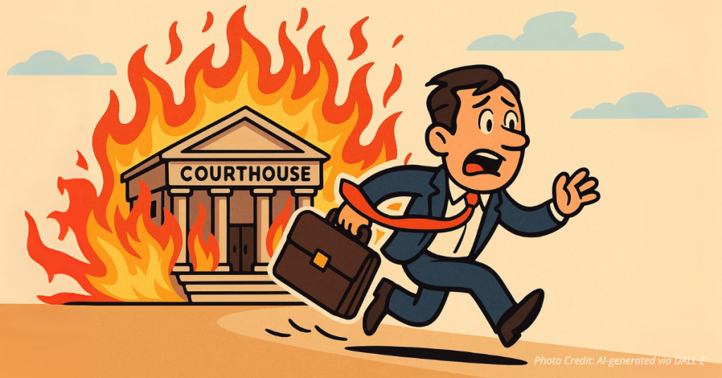 Businessman runs from flaming courthouse symbolizing legal burden