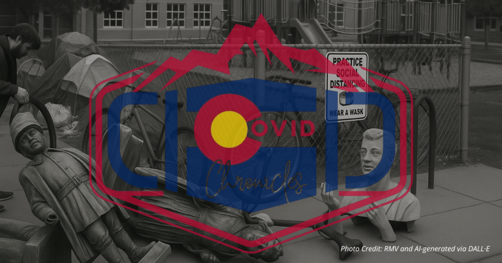 Fallen statues, broken bikes, homeless tents, and a fenced playground with COVID signage behind a school