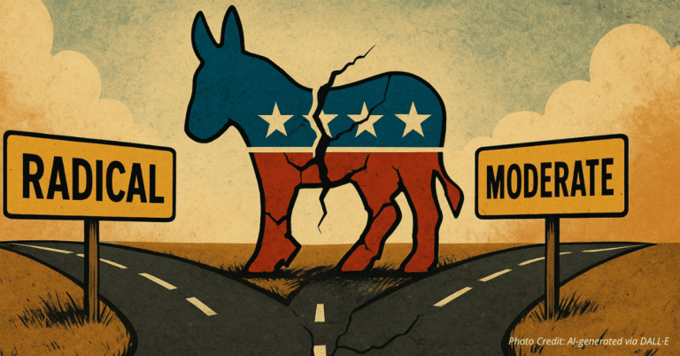 Cracked Democrat donkey at fork in road between radical and moderate paths
