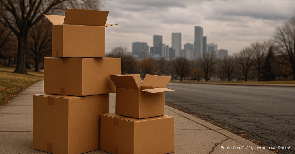 Empty moving boxes on cracked Denver sidewalk with city skyline