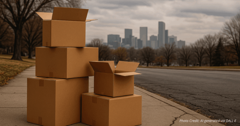 Empty moving boxes on cracked Denver sidewalk with city skyline