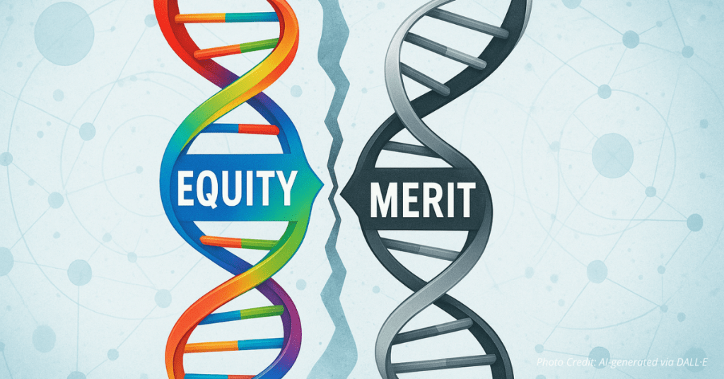 Split DNA strand showing equity vs. merit in science funding