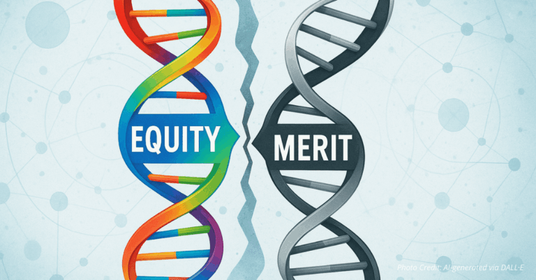 Split DNA strand showing equity vs. merit in science funding