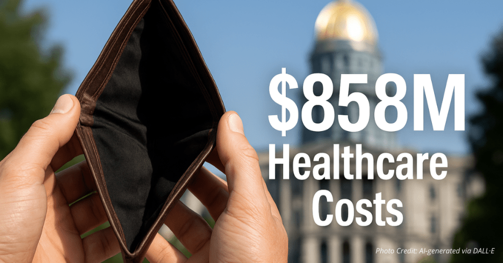 Empty wallet with Colorado Capitol in background and $858M healthcare cost label