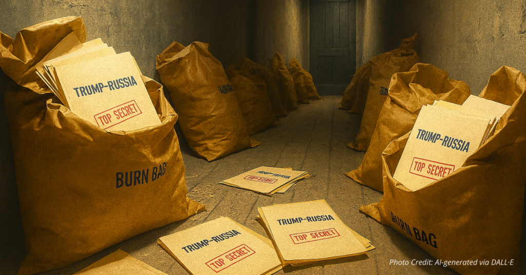 Classified Trump–Russia files spill from burn bags in dark FBI room