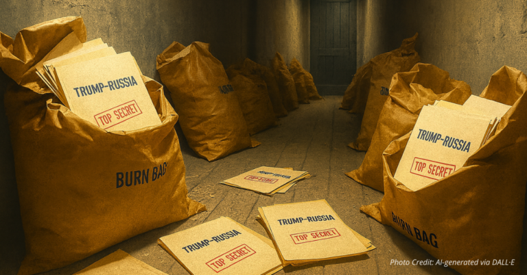 Classified Trump–Russia files spill from burn bags in dark FBI room