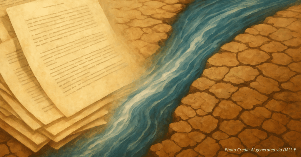 Legal paper fading into a stream over cracked ground symbolizes long-fought tribal water rights