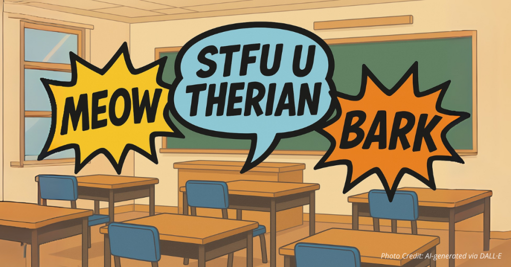 Speech bubbles reading “MEOW,” “STFU U THERIAN,” and “BARK” inside a cartoon-style elementary classroom