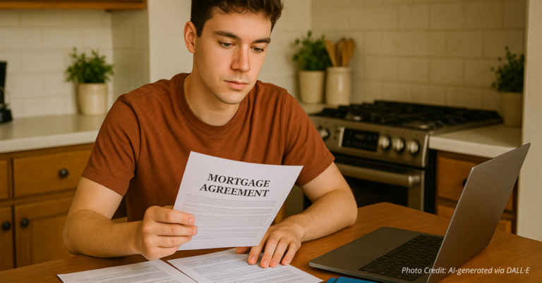 Gen Z buyer reviewing mortgage paperwork with down payment folder on kitchen table