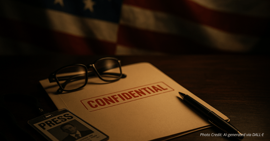 Confidential press file and journalist credentials on desk with U.S. flag in background