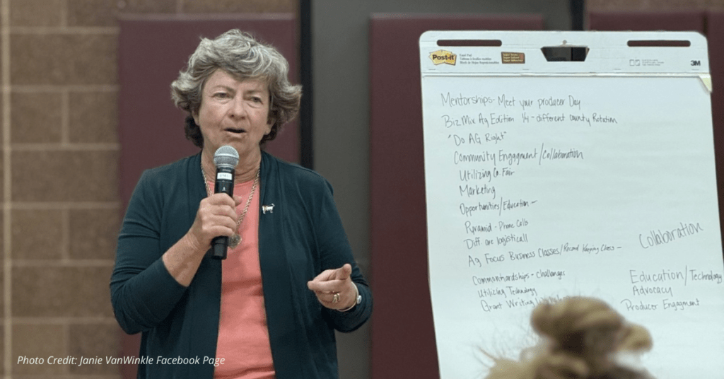 Janie VanWinkle speaks at AgriWest Council meeting with handwritten notes behind her