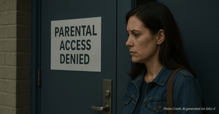 Parent stands outside a locked school door labeled “Parental Access Denied”