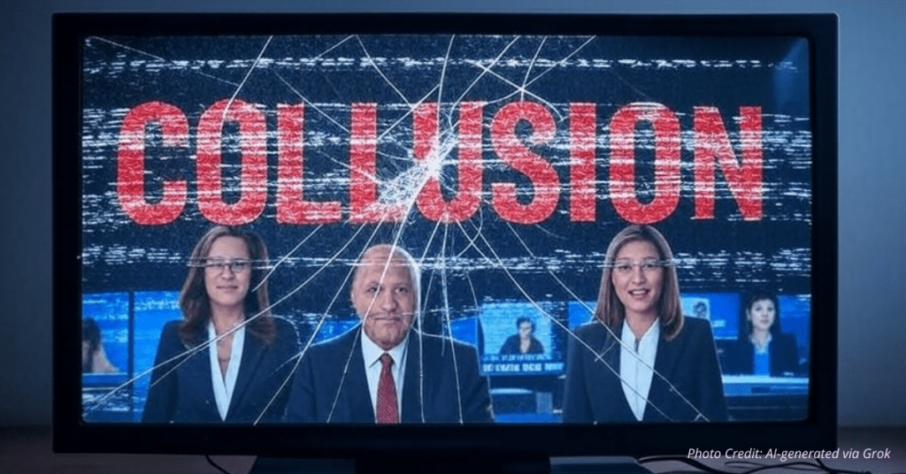 Cracked TV with the word ‘Collusion’ symbolizing media misinformation
