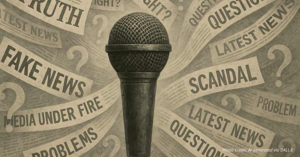 A weathered microphone stands in the center of swirling newspaper headlines with words like “Fake News,” “Scandal,” “Truth,” and “Questions” amid floating question marks, symbolizing the chaotic state of modern journalism.