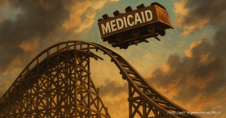Roller coaster labeled Medicaid flies off the rails, symbolizing fiscal crisis