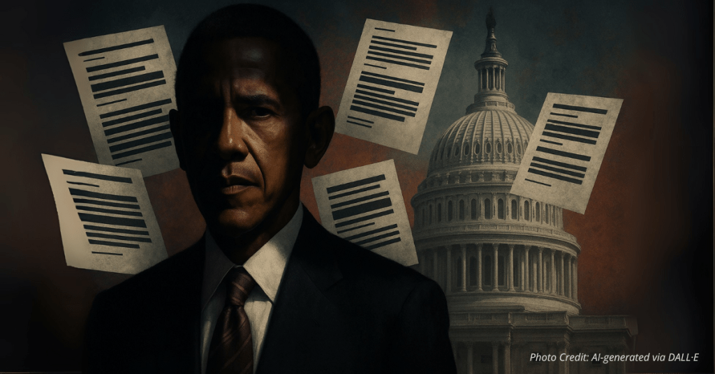 Barack Obama in shadows with redacted intel files and Capitol dome