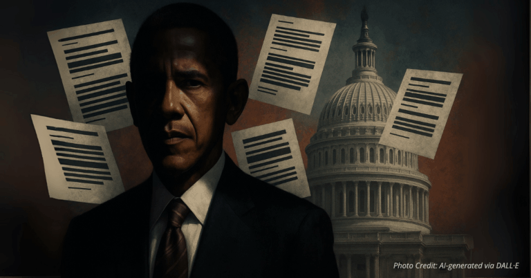 Barack Obama in shadows with redacted intel files and Capitol dome