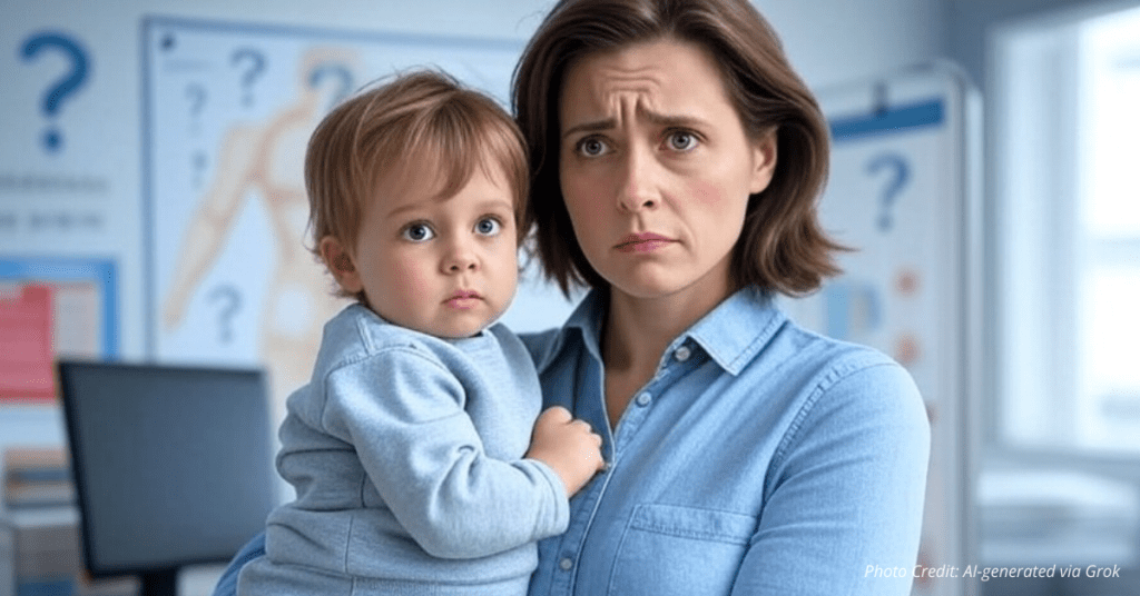Parent with child questions vaccine schedule, symbolizing family autonomy and skepticism.