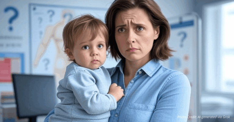 Parent with child questions vaccine schedule, symbolizing family autonomy and skepticism.