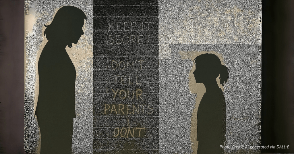 Silhouette of parent and child divided by a school wall with secretive messages