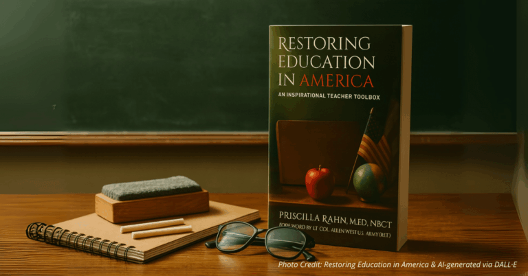 The book stands on a wooden teacher’s desk next to classic classroom tools
