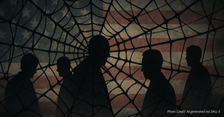Shadowy figures in a tangled web over an American flag, symbolizing the Russia collusion hoax.