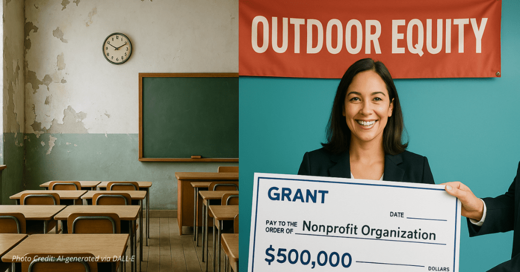 Aging classroom contrasted with nonprofit leader receiving grant