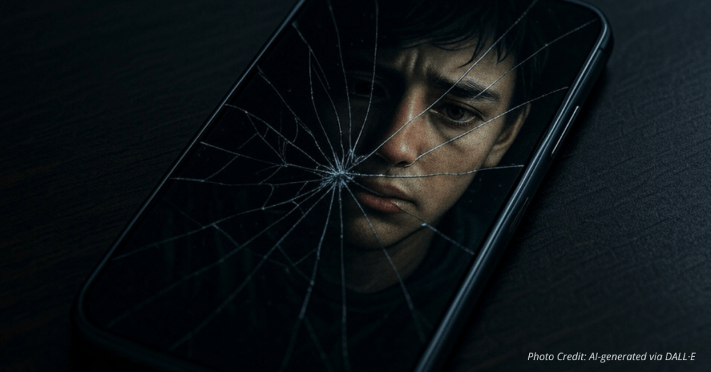 Cracked phone screen reflecting anxious teen face in dim lighting