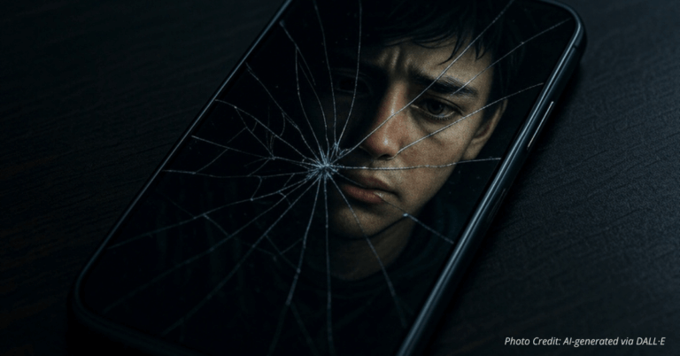 Cracked phone screen reflecting anxious teen face in dim lighting