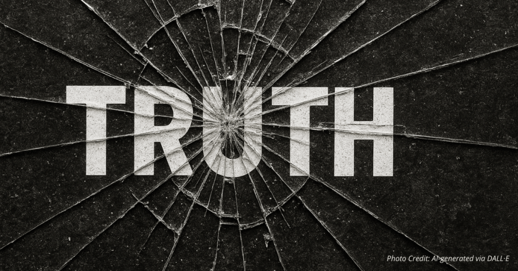 Shattered glass over the word “TRUTH” on a dark background
