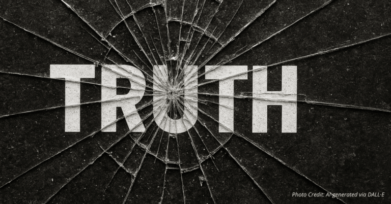 Shattered glass over the word “TRUTH” on a dark background