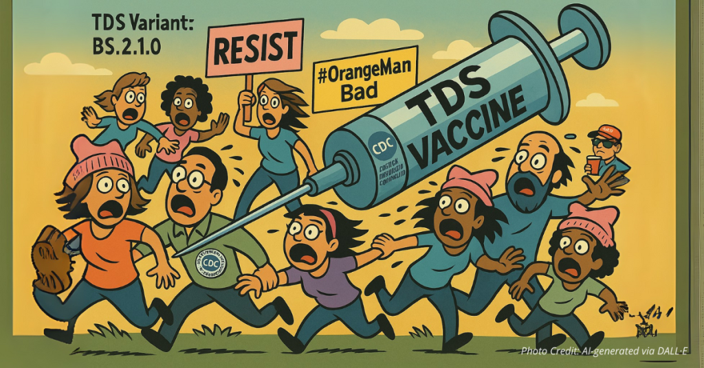 Cartoon syringe labeled TDS Vaccine chases panicked protesters holding “Resist” and “#OrangeManBad” signs