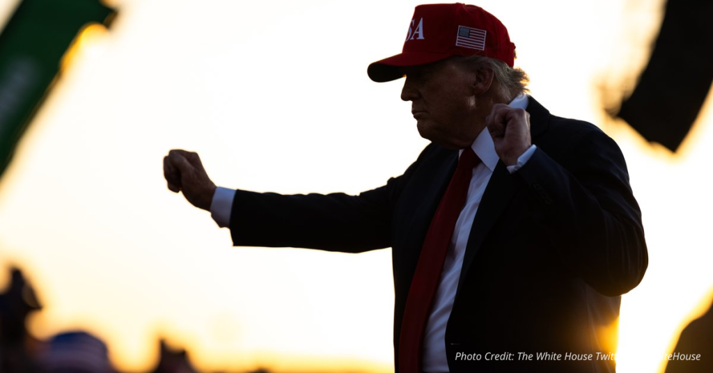President Trump silhouetted at rally with 'USA' hat and clenched fist