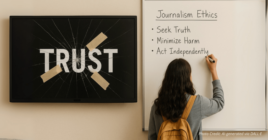 Cracked TV labeled trust repaired next to student writing journalism ethics