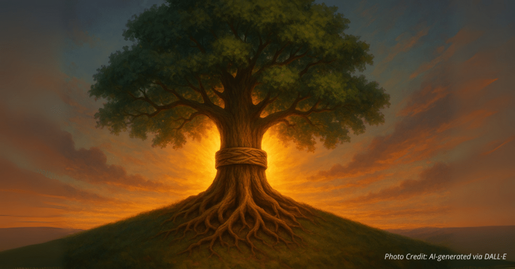 Tree with roots forming a belt around its trunk, symbolizing rooted spiritual truth