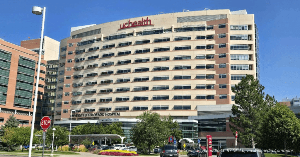 Exterior view of UCHealth main building in Aurora, Colorado during daytime