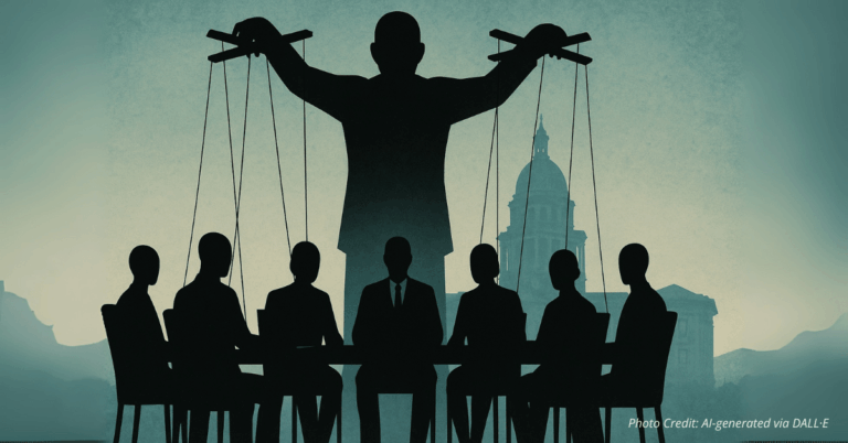 Puppet master controlling unelected board members in front of Colorado Capitol
