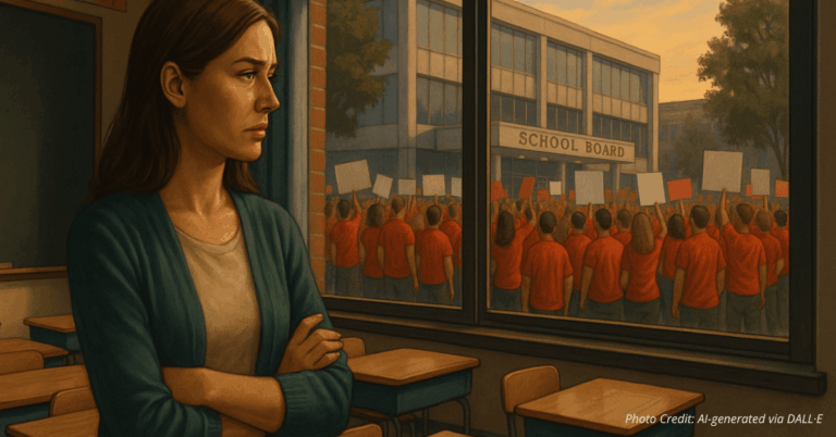 Teacher in classroom observing red-shirted union protesters outside a school board building