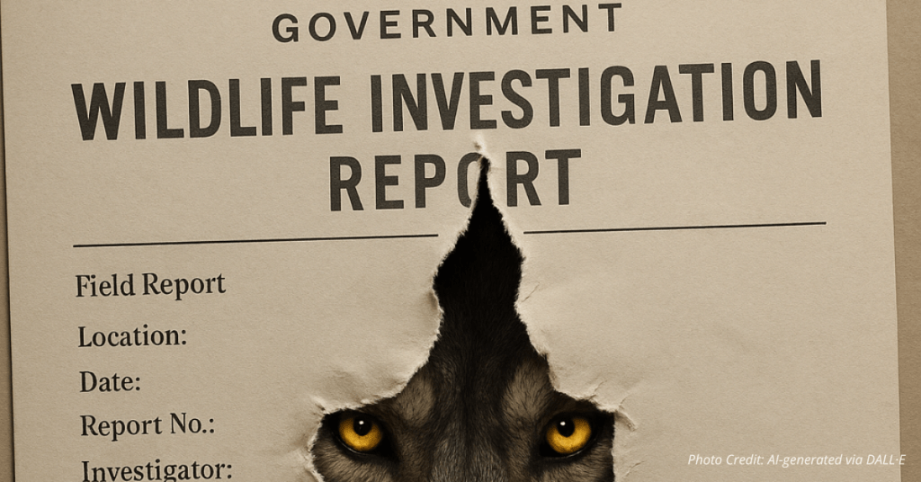 Wolf eyes stare from torn wildlife report