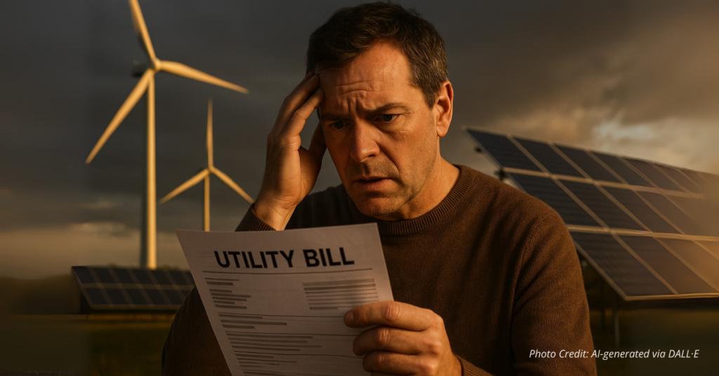Concerned man holding a utility bill in front of wind turbines and solar panels