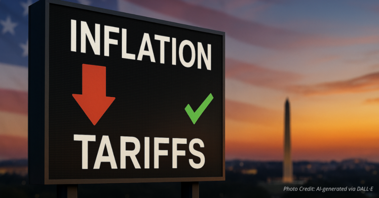 Stadium-style scoreboard with inflation down and tariffs checked over a subtle U.S. flag