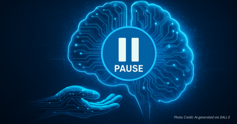 Pause button over digital AI brain symbolizing call to halt law