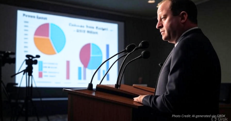 Governor at podium with projected budget chart behind him.