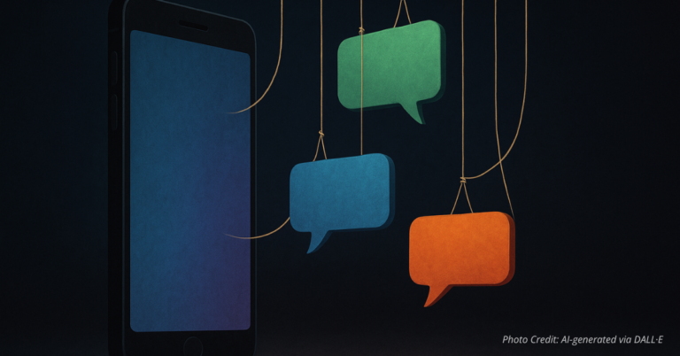 Chat bubbles hanging on puppet strings from a smartphone.
