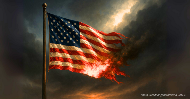 American flag smoldering at the edges against dark sky