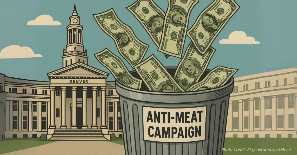 Cash falling into trash labeled anti-meat campaign